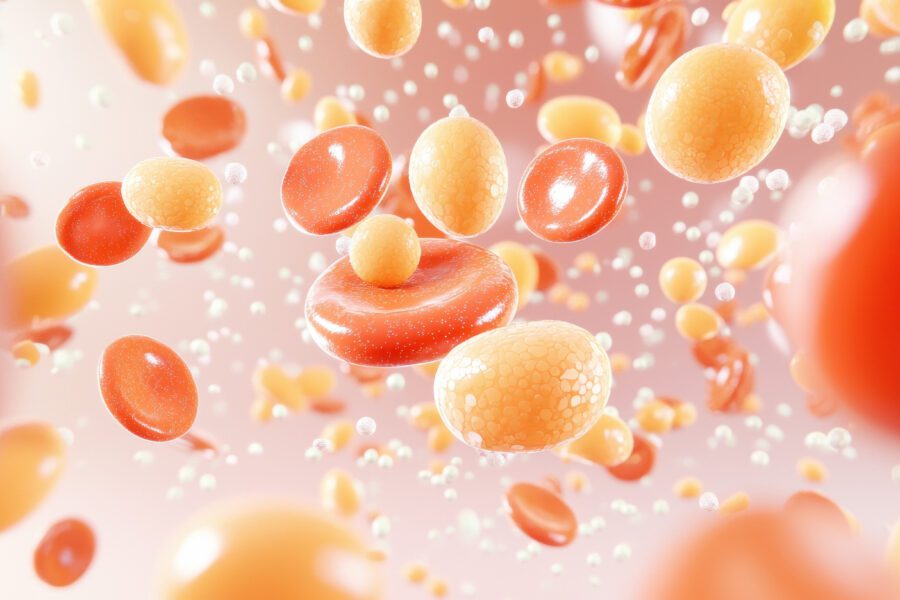 An Abstract representation of cholesterol levels with colorful particles floating. This illustrates complexity of blood components and cholesterol