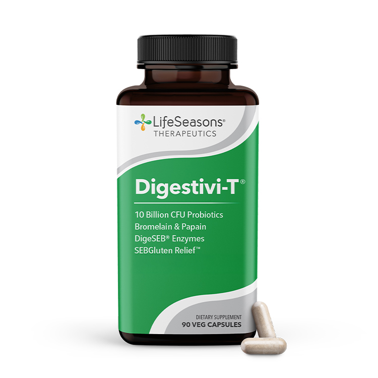 LifeSeasons Digestivi-T supplement bottle with digestive enzymes for bloating and food breakdown