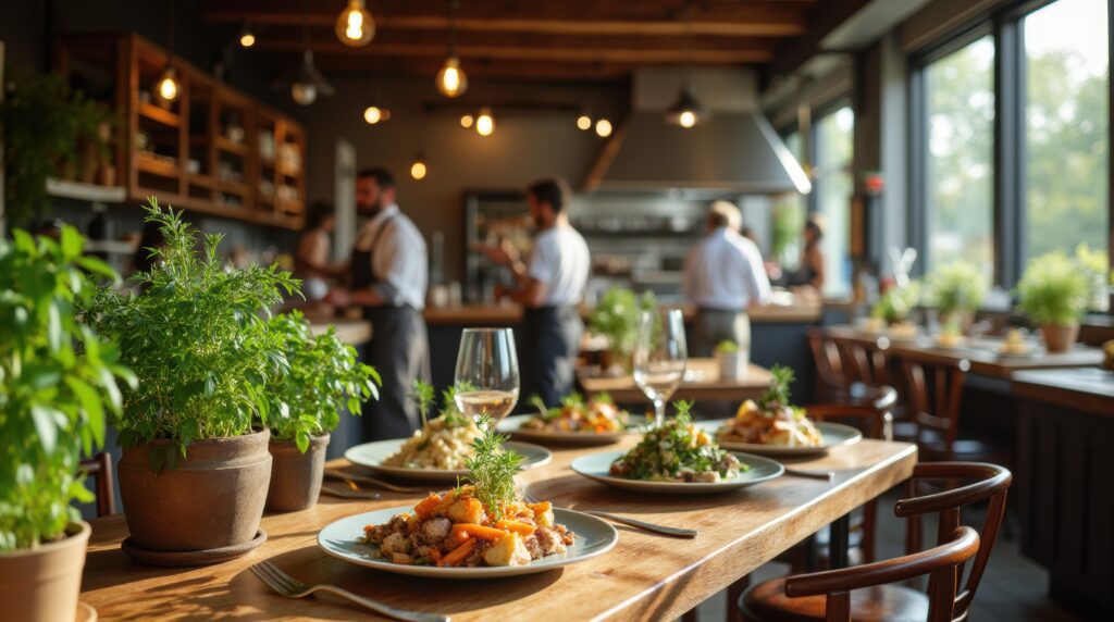 restaurant with food on the table and a service team in the background preparing the meal. The dining area features wooden tables adorned with fresh dishes, creating a warm, rustic atmosphere. Patrons enjoy their meals as staff prepare in the background, highlighting a commitment to farm-to-fork dining in a stylish setting.